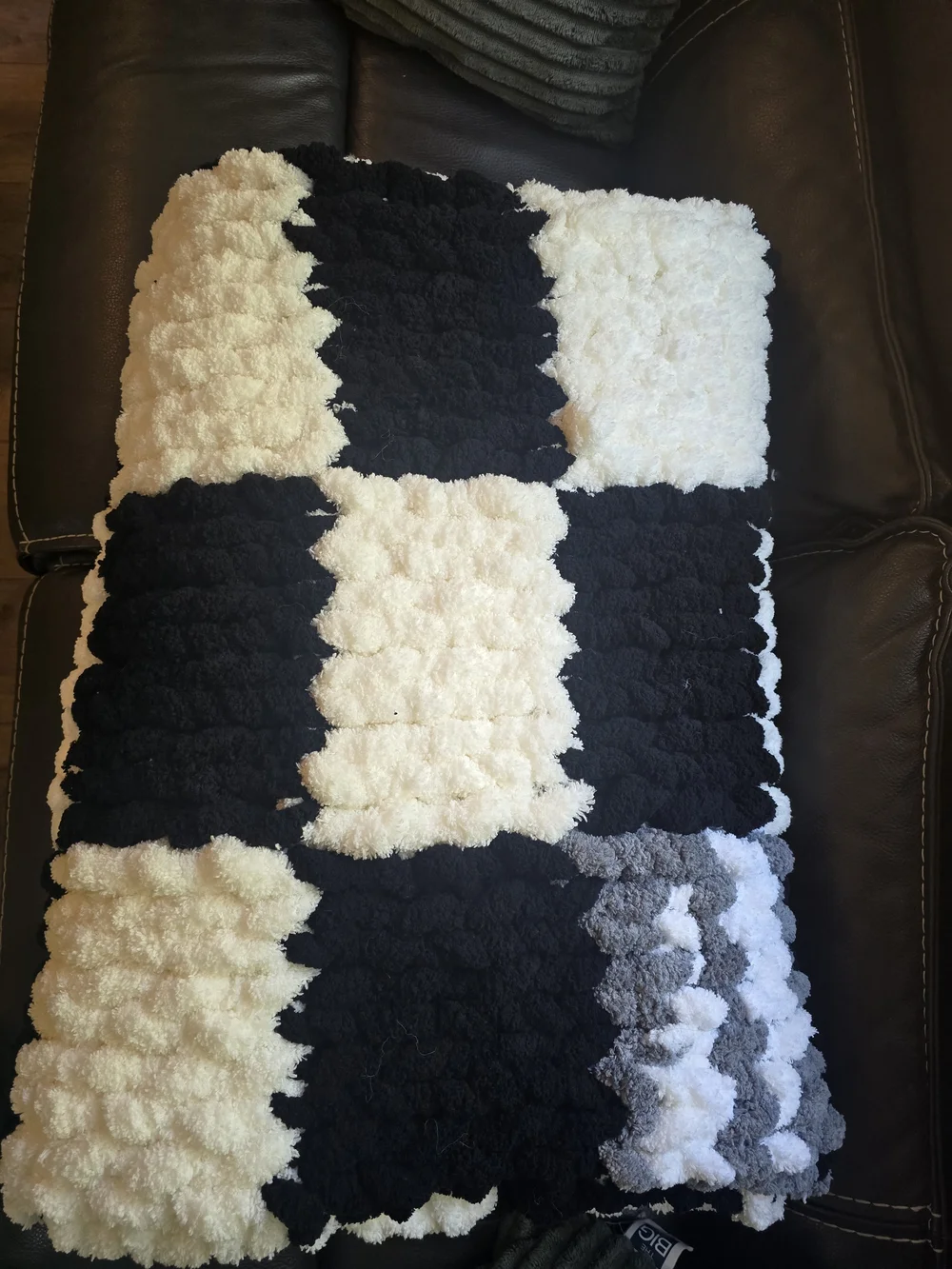 Hand Made Chunky Checkerboard Crochet Blanket - Black & White